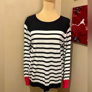 eesome light weight tencil/cotton Navy/white stripe sweater pink cuffs, size M